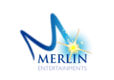 Blue text reads Merlin Entertainments in all capitals, with a cursive M pattern above and a blue sparkle